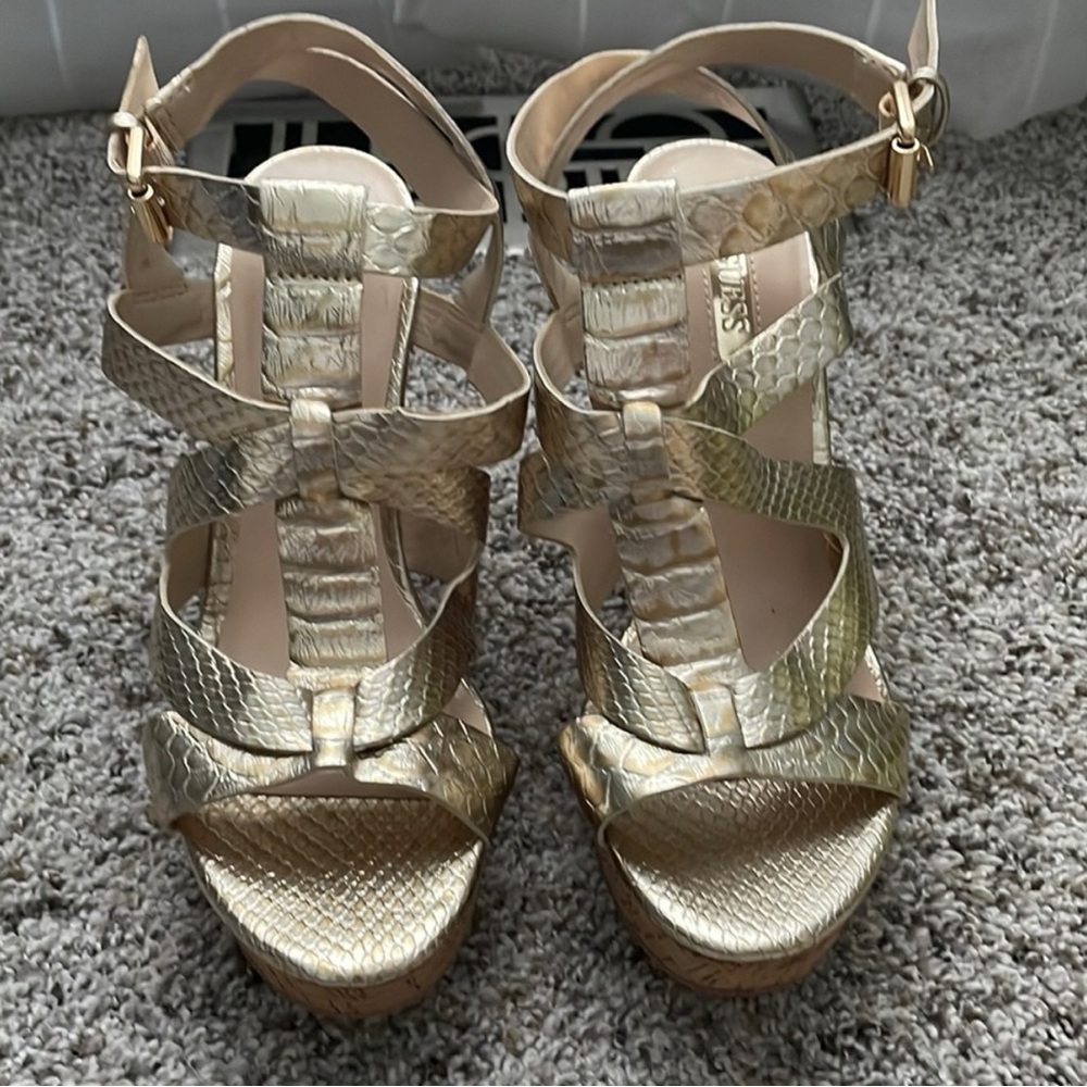 Guess Gold Textured Wedge Sandals